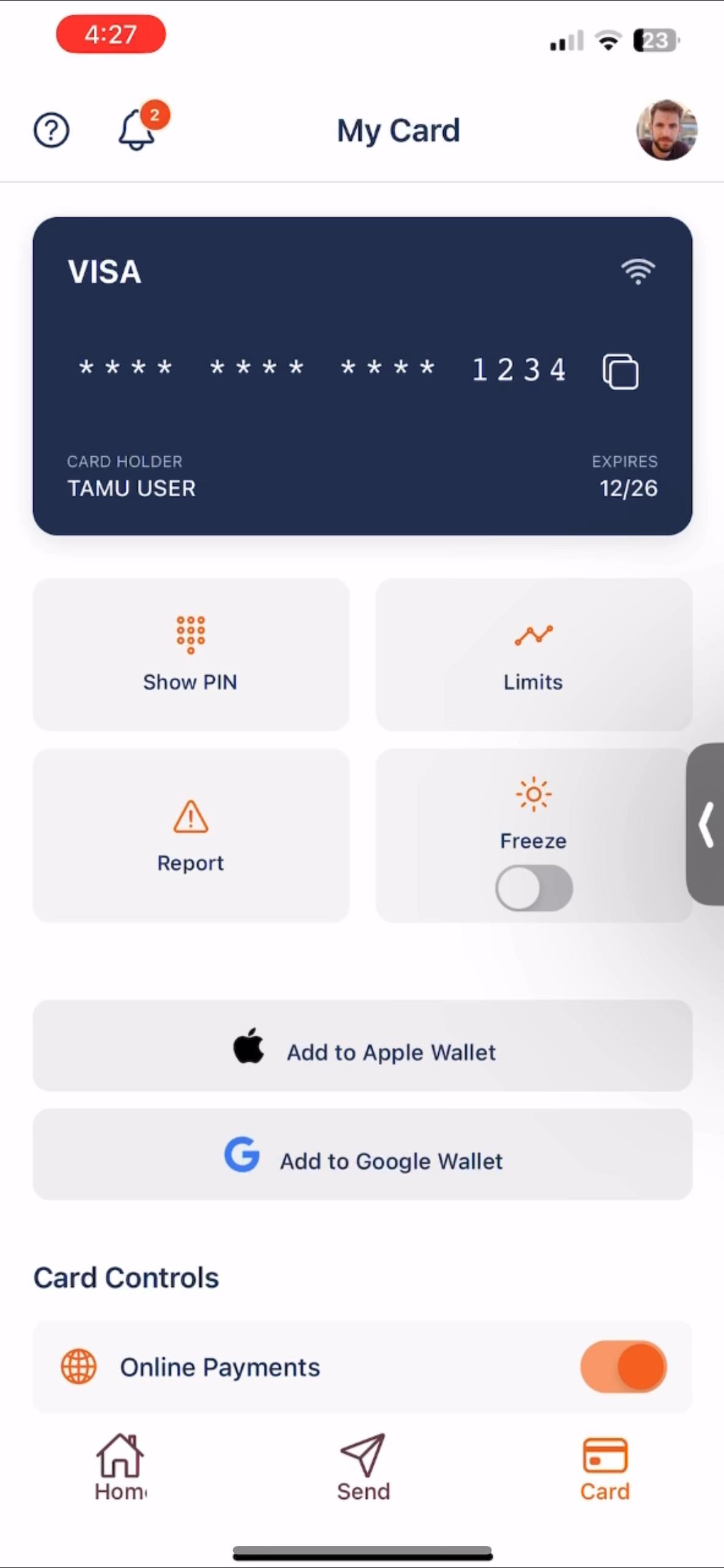 Tuma Cash App Card Screen